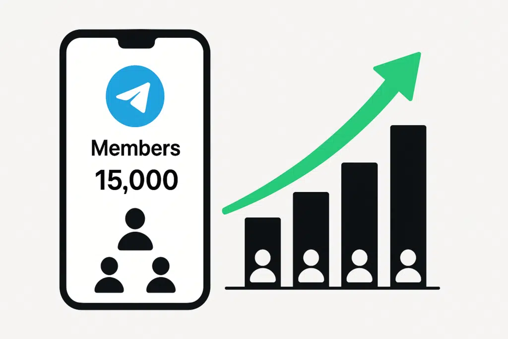 Minimal 2D illustration showing Telegram channel growth with a smartphone interface, member count, and rising bar chart – symbolizing credibility, popularity, and audience increase.