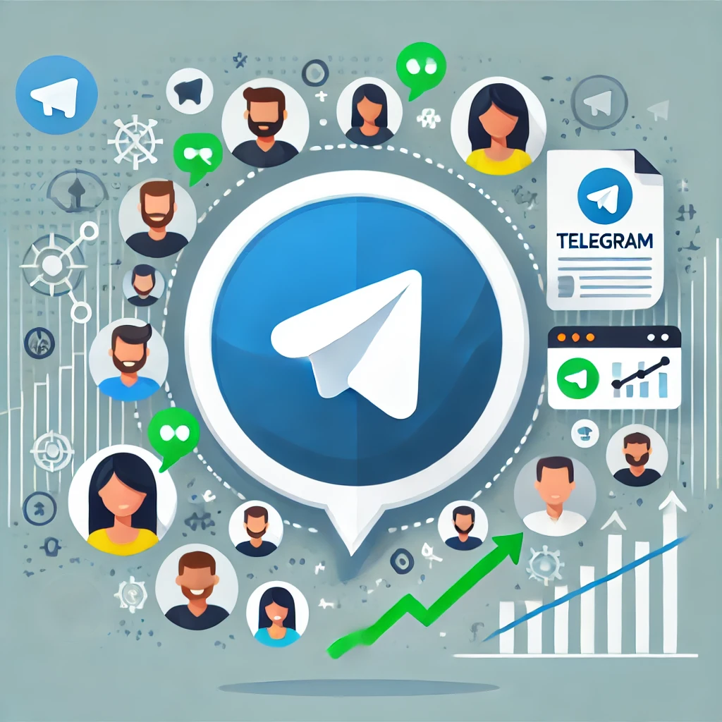 Telegram logo surrounded by user avatars and growth icons, symbolizing engagement for an article on buying Telegram members.