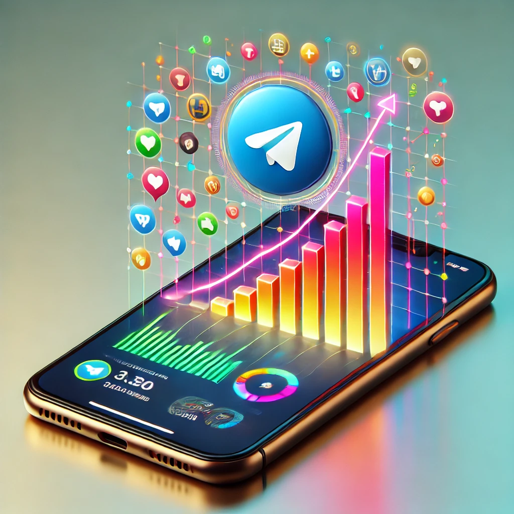 Telegram channel displayed on a smartphone screen with a growth chart, highlighting increased subscribers and user engagement.