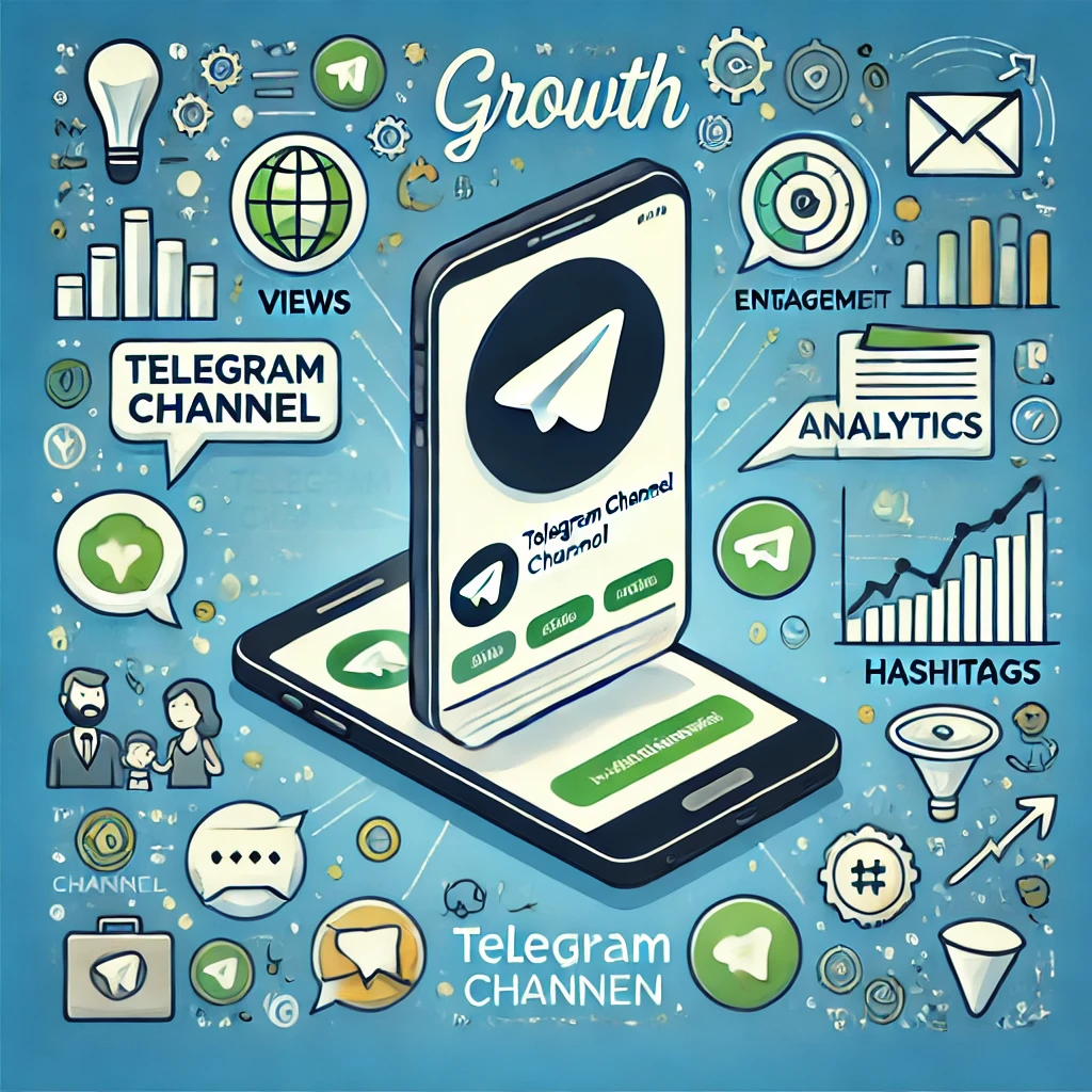 Telegram channel surrounded by icons for analytics, hashtags, and content sharing, emphasizing strategies to increase Telegram channel views and engagement.