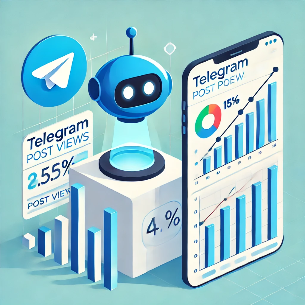 a Telegram bot boosting post views with analytics and bar graphs, showcasing efficiency and credibility in enhancing Telegram visibility.