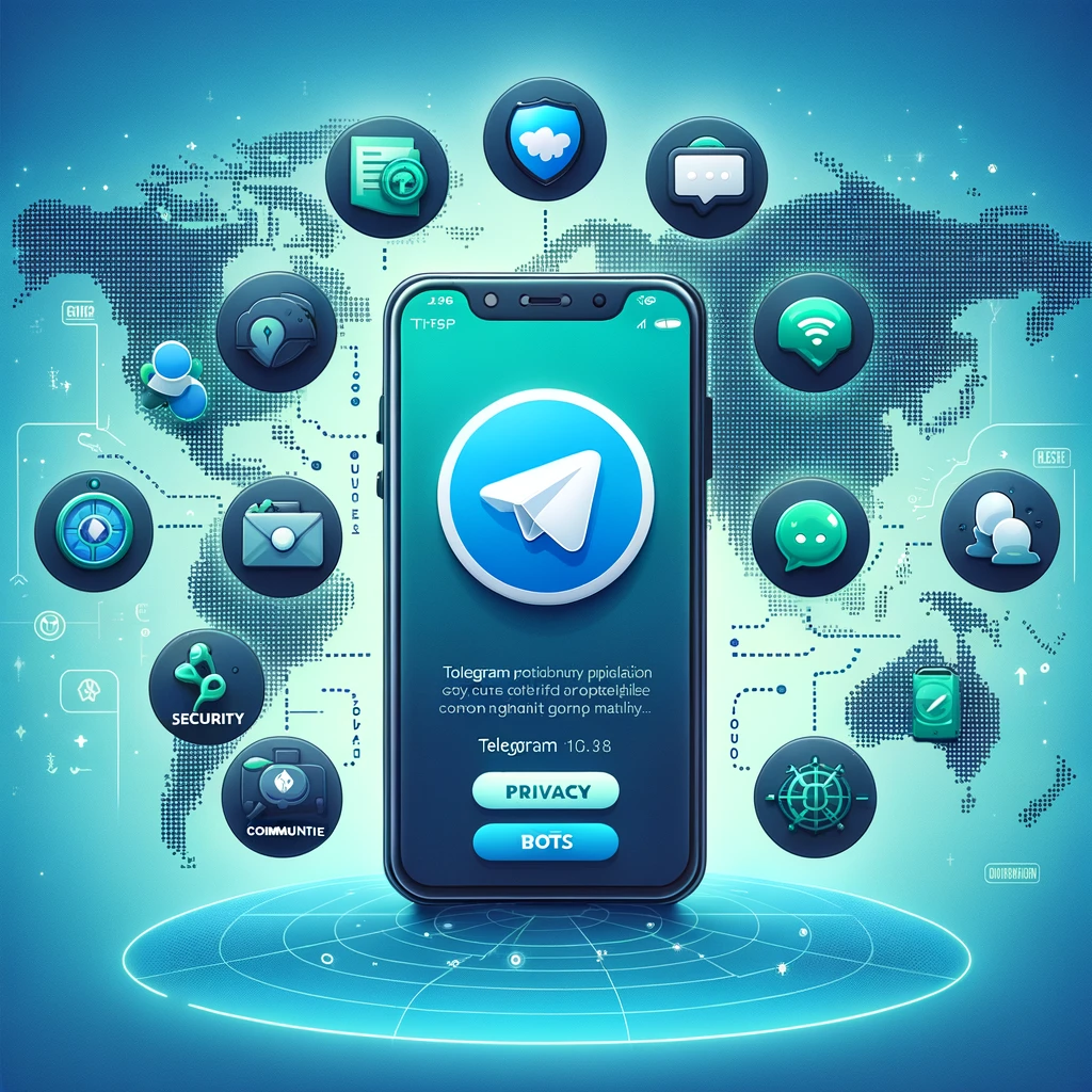 Telegram’s global popularity with a smartphone app display surrounded by icons for privacy, security, bots, and community engagement, highlighting its appeal as a versatile social network.