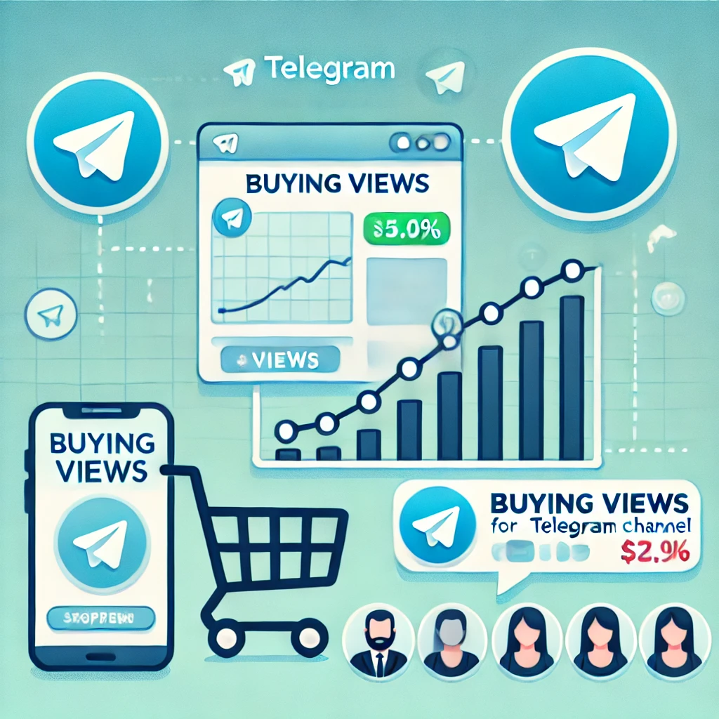 buying views for a Telegram channel, featuring a Telegram logo, a bar chart symbolizing growth, a shopping cart icon, and user profile icons representing increased engagement, highlighting the importance of boosting Telegram channel visibility.