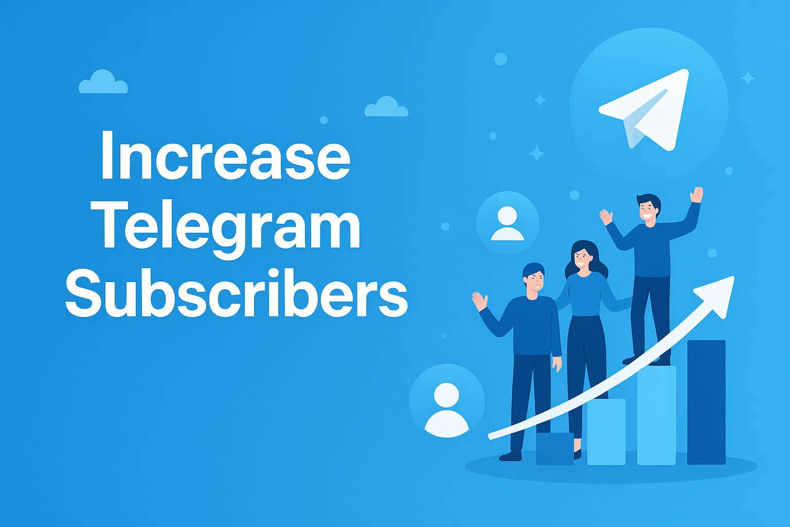 Illustration showing people growing on a bar chart with Telegram icons in the background, promoting "Increase Telegram Subscribers" strategies for Telegram member boosting.