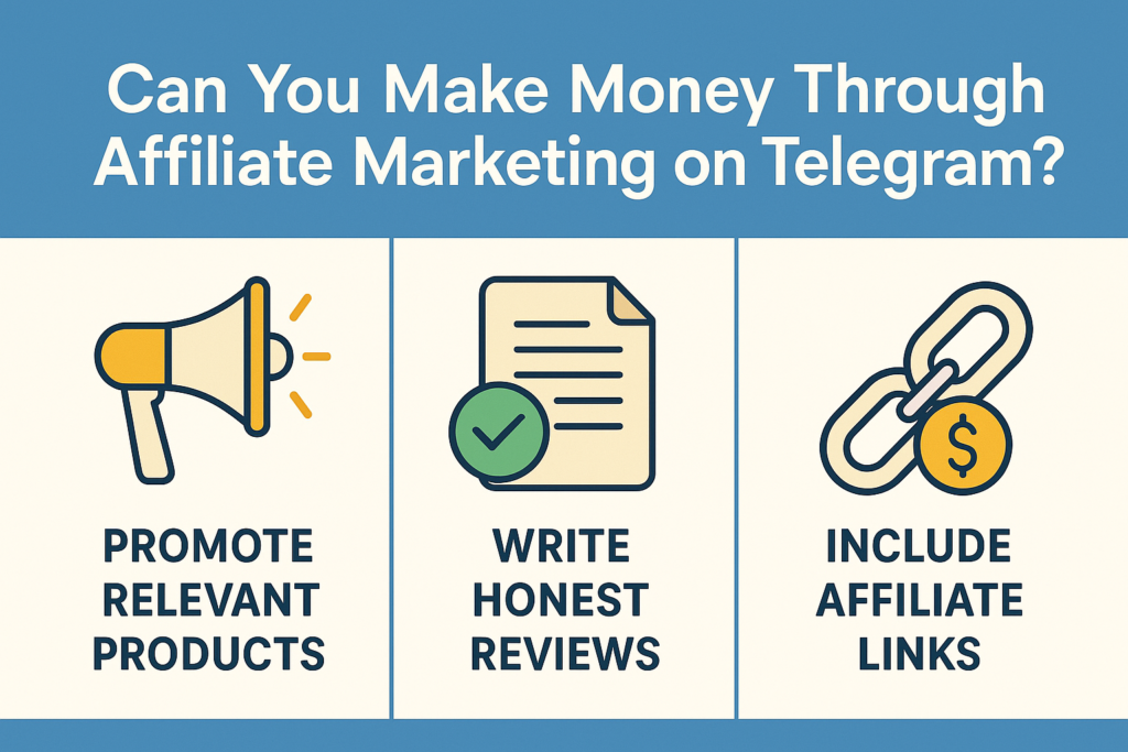 A visually engaging infographic explaining how to make money through affiliate marketing on Telegram, featuring key strategies like promoting relevant products, writing honest reviews, and including affiliate links.