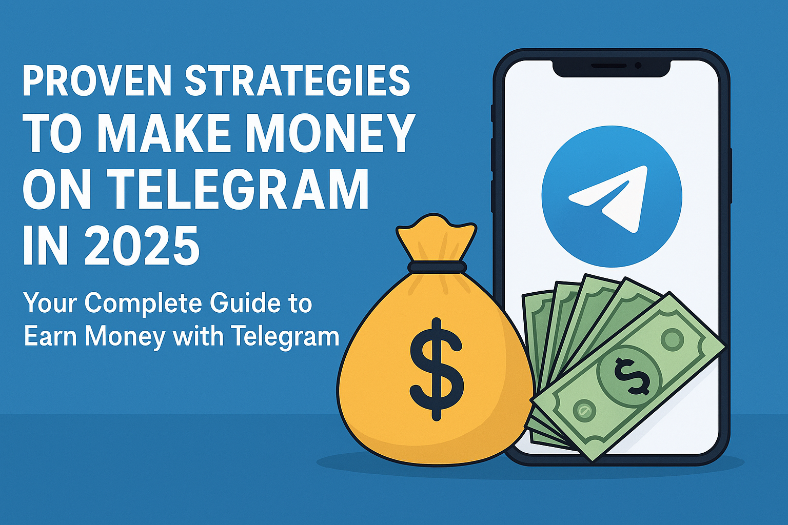 A modern graphic illustrating proven strategies to make money on Telegram in 2025, featuring a smartphone with the Telegram logo, cash, and a money bag to represent income opportunities.