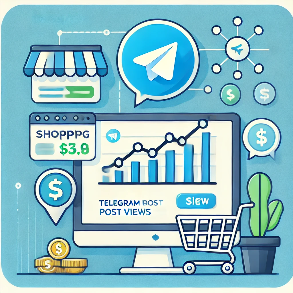 buying Telegram post views with a Telegram logo, upward trending graph, shopping cart, and engagement icons representing views and likes, highlighting growth and engagement strategies.