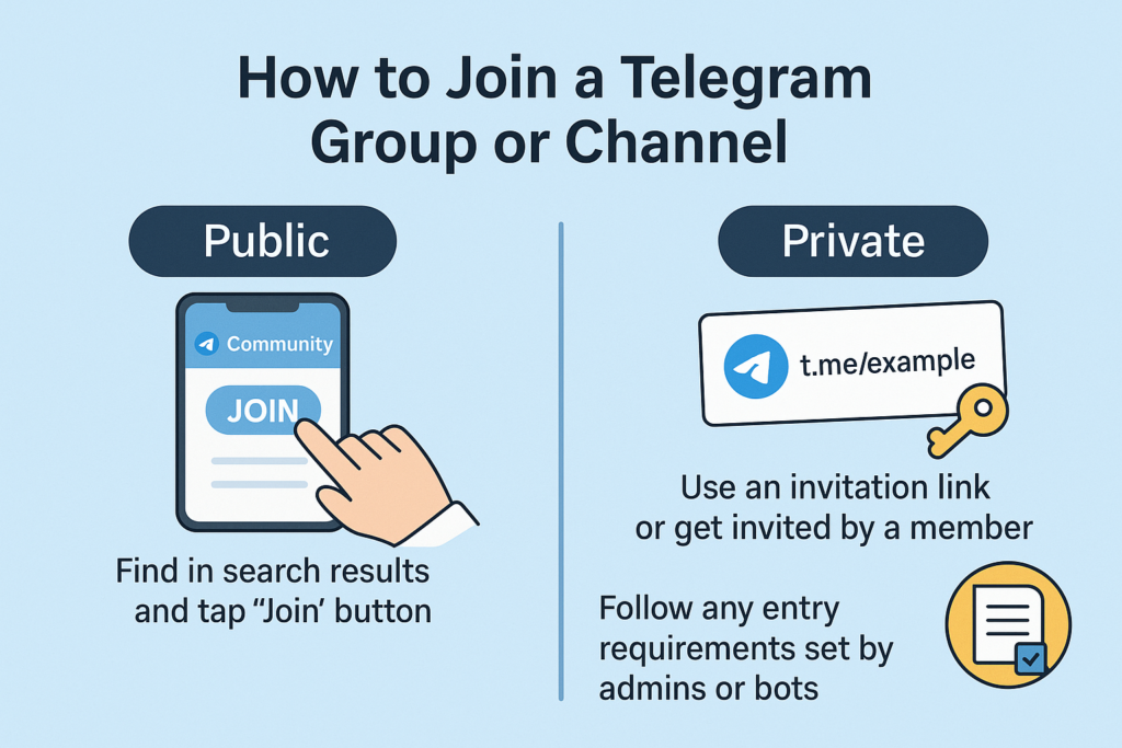 A simple infographic explaining how to join public and private Telegram groups or channels, highlighting the difference between using the search and tapping “Join” versus joining through invitation links.