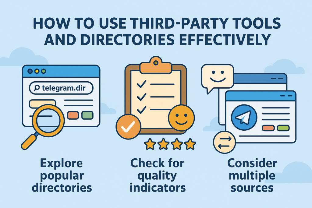 A creative infographic illustrating how to effectively use third-party tools and directories to find Telegram groups, featuring tips on exploring directories, checking quality indicators, and comparing multiple sources.