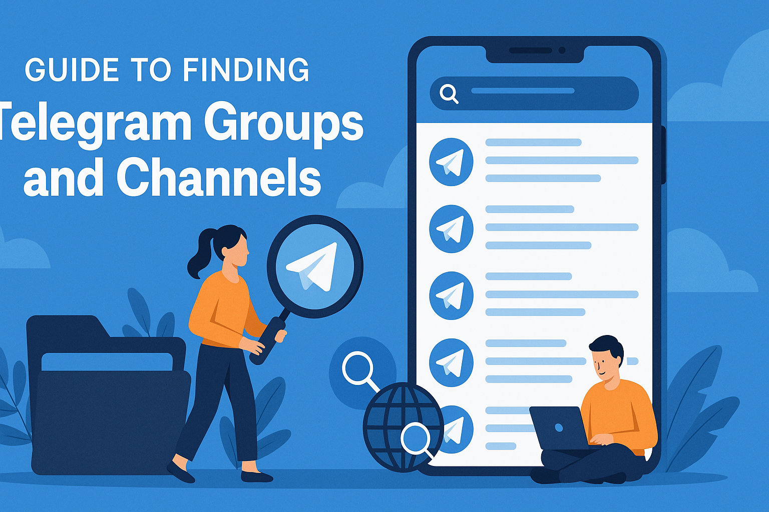 A creative infographic illustrating how to find Telegram groups and channels using search tools, directories, and online communities—perfect for users looking to explore and join relevant Telegram communities.