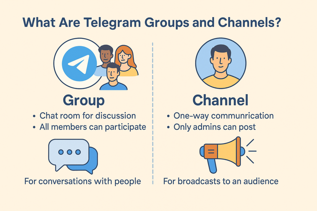 A clear infographic comparing Telegram groups and channels, highlighting key differences in communication style, user interaction, and purpose for joining—ideal for new Telegram users.