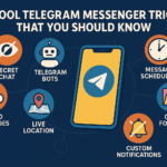A creative infographic highlighting top Telegram messenger tricks, including secret chats, bots, message scheduling, custom notifications, saved messages, and live location sharing for a smarter messaging experience.