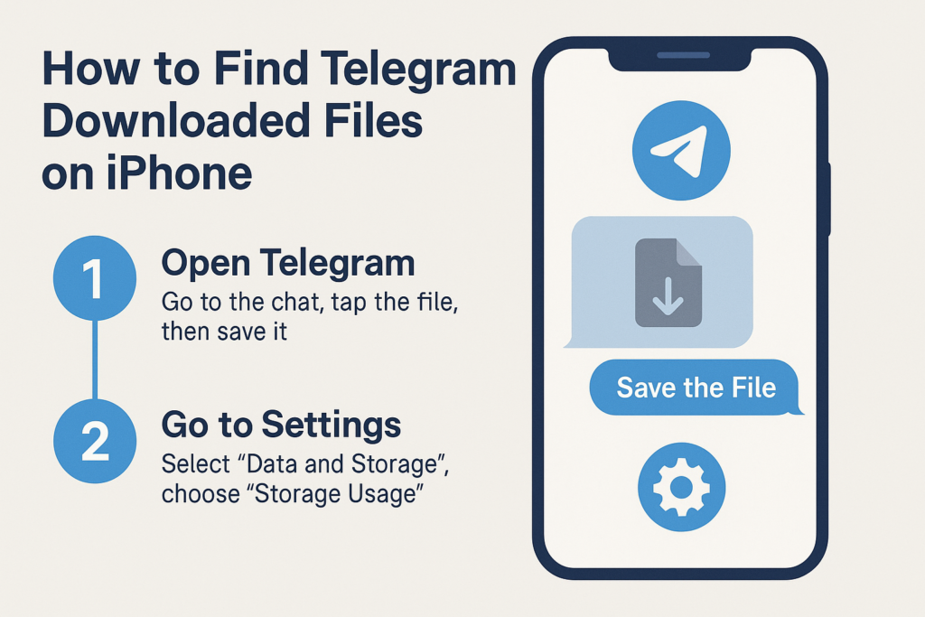 A creative infographic showing how to locate downloaded Telegram files on iPhone, including step-by-step instructions for saving files and managing storage through Telegram settings.