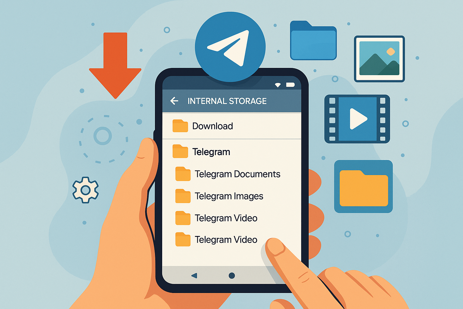 A creative digital illustration showing how to locate Telegram downloaded files on Android using the file manager, highlighting folders like Telegram Documents, Images, and Videos.