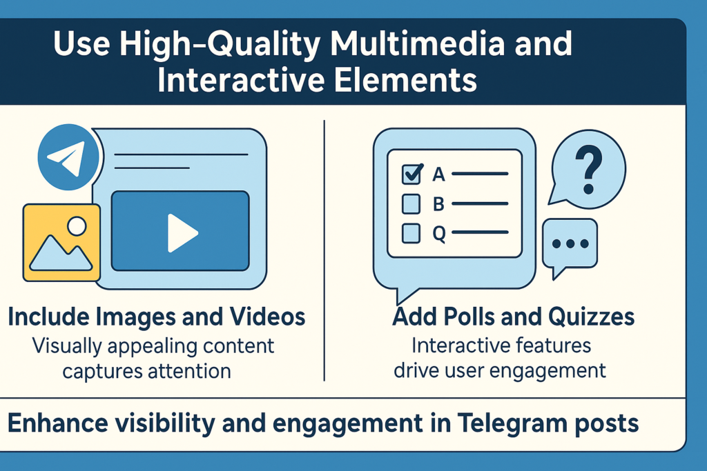 A creative 16:9 infographic showing how using high-quality images, videos, polls, and quizzes can boost visibility and engagement on Telegram posts by capturing attention and encouraging interaction.