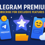 A creative 16:9 digital illustration promoting Telegram Premium, featuring vibrant smartphones, premium icons, coins, and cloud elements, highlighting exclusive features and benefits of subscribing to the premium messaging experience.