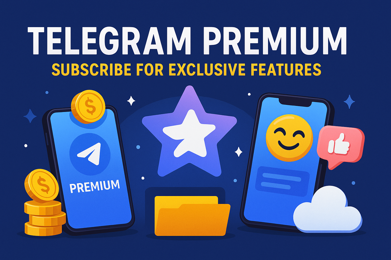 A creative 16:9 digital illustration promoting Telegram Premium, featuring vibrant smartphones, premium icons, coins, and cloud elements, highlighting exclusive features and benefits of subscribing to the premium messaging experience.