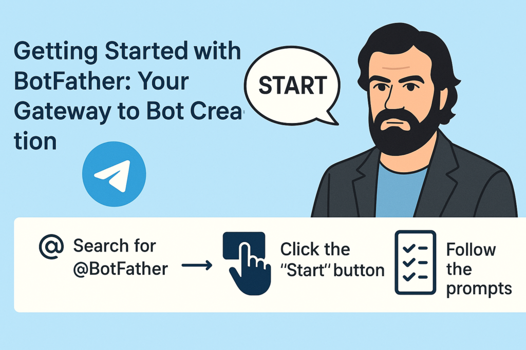 Visual infographic guide explaining how to get started with BotFather on Telegram, including steps to search for @BotFather, click "Start", and follow the prompts—perfect for beginners creating their first Telegram bot.