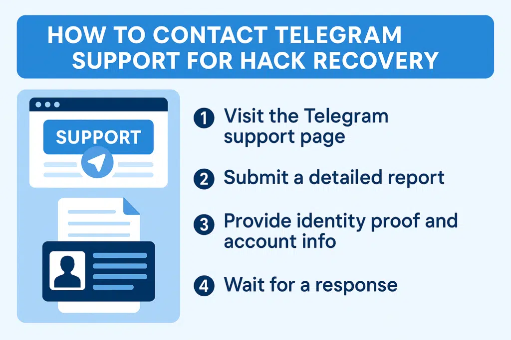 A flat-style infographic that outlines four key steps to contact Telegram support for account recovery, including visiting the support page, submitting a detailed report, providing identity verification, and waiting for a response.