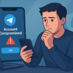 A digital illustration showing a concerned man looking at his phone with an "Account Compromised" warning on the screen, representing a visual guide to recovering a hacked Telegram account and protecting digital security.