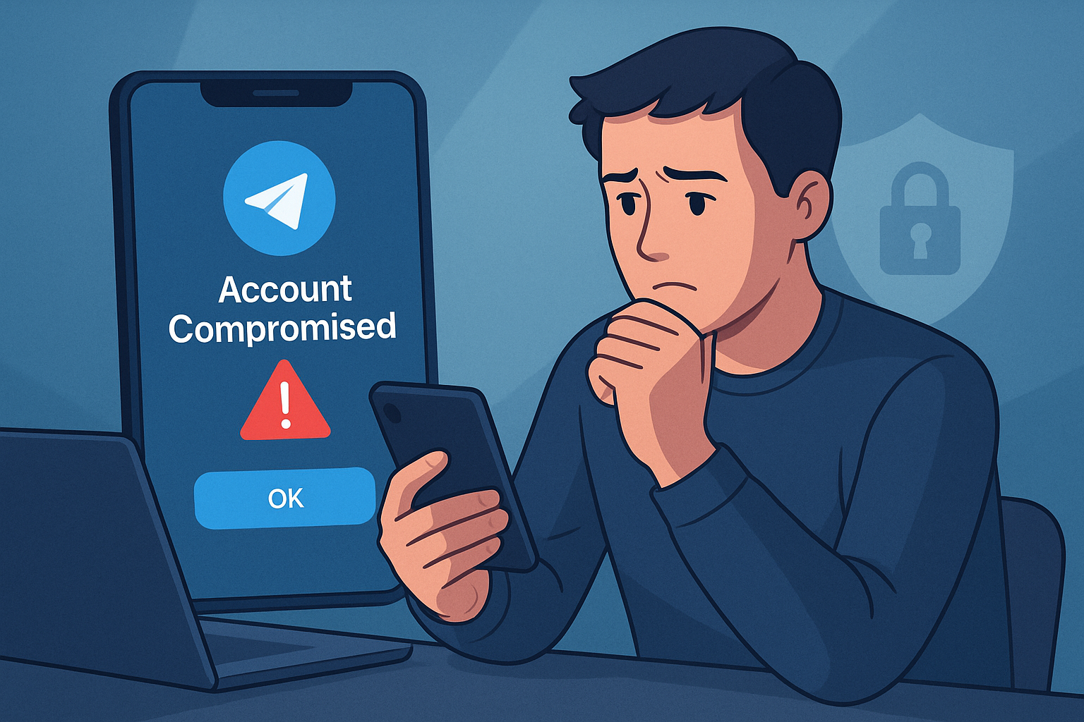 A digital illustration showing a concerned man looking at his phone with an "Account Compromised" warning on the screen, representing a visual guide to recovering a hacked Telegram account and protecting digital security.