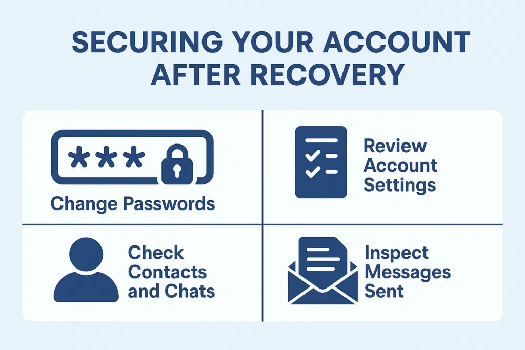 A 16:9 infographic titled "Securing Your Account After Recovery," showing four key steps—changing passwords, reviewing account settings, checking contacts, and inspecting sent messages—to help users protect their Telegram account after regaining access.