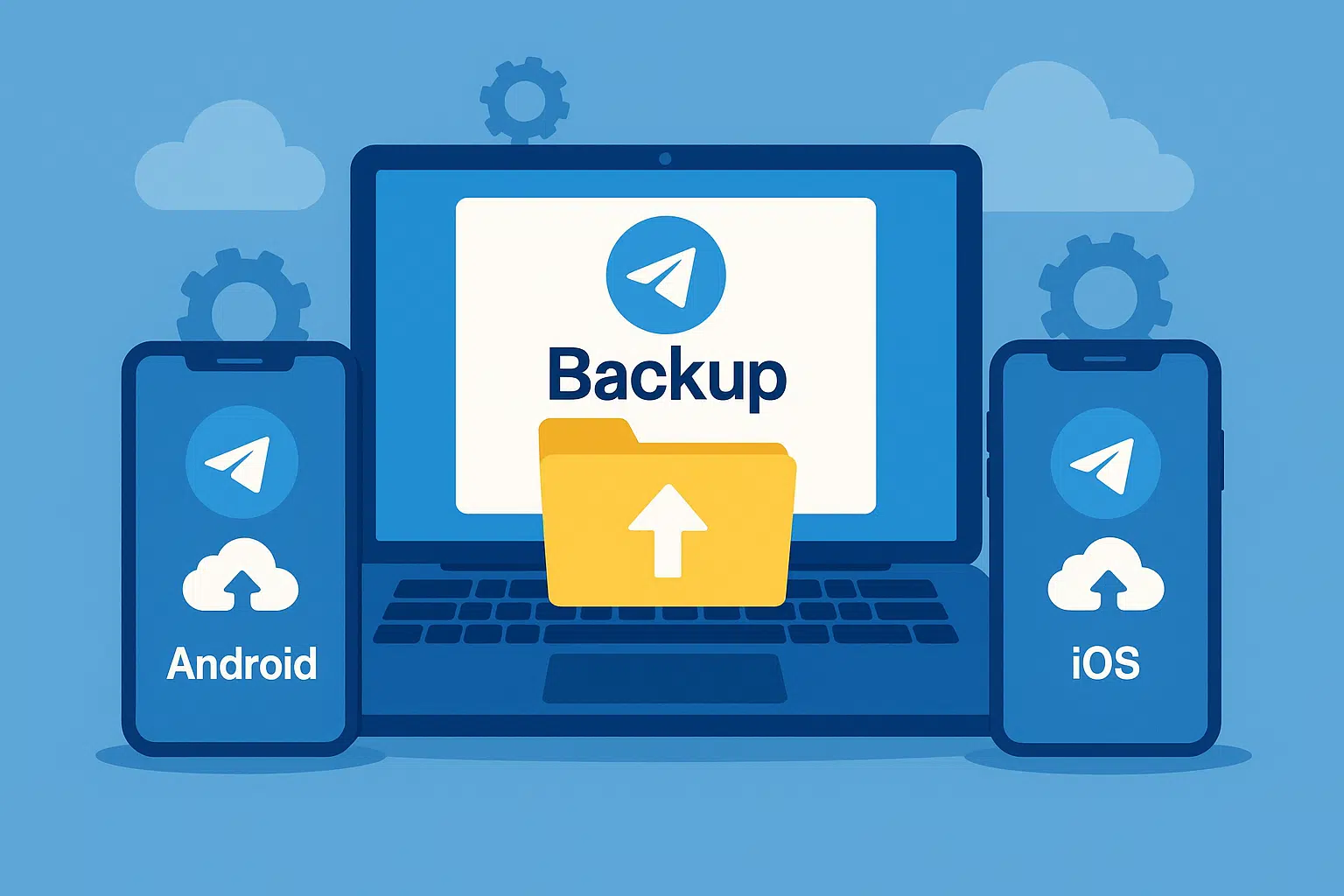 A creative 16:9 digital illustration showing the process of backing up Telegram data across desktop, Android, and iOS devices, featuring a laptop with a backup folder and smartphones labeled Android and iOS with Telegram and cloud icons.