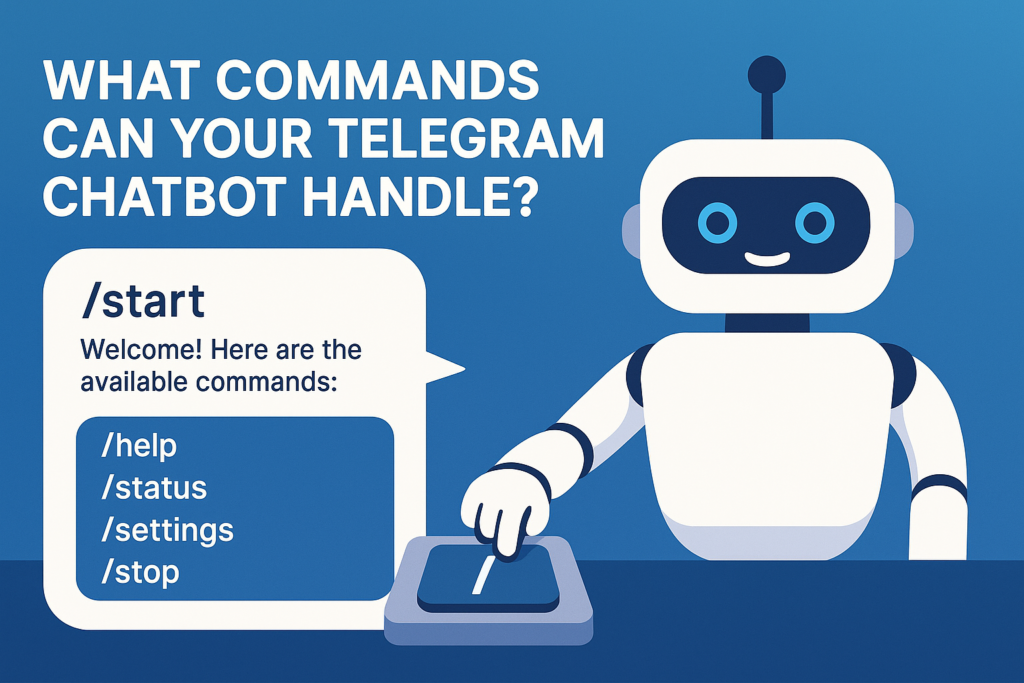 Infographic showing essential Telegram chatbot commands like /start, /help, /status, /settings, and /stop, alongside a friendly robot illustration that simplifies how users can interact with a Telegram bot effectively.