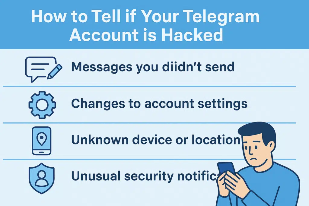 A flat-style infographic titled "How to Tell if Your Telegram Account is Hacked," highlighting key warning signs such as unknown devices, unexpected messages, and unusual security changes for quick user awareness.