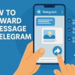 A creative 16:9 infographic visually guiding users through the steps to forward a message in Telegram, featuring mobile interface illustrations, a forward icon, and a simple checklist for quick sharing.