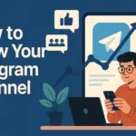 A creative flat-style illustration showing a user growing their Telegram channel, featuring engagement icons, the Telegram logo, and strategic growth elements — ideal for blog headers or promotional content on Telegram marketing.