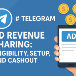 Visual guide for the article 'Telegram Ad Revenue Sharing: Eligibility, Setup, and Cashout' — illustrating Telegram’s monetization program with its 50% revenue split model, TON cryptocurrency payouts, and step-by-step setup for channel owners.