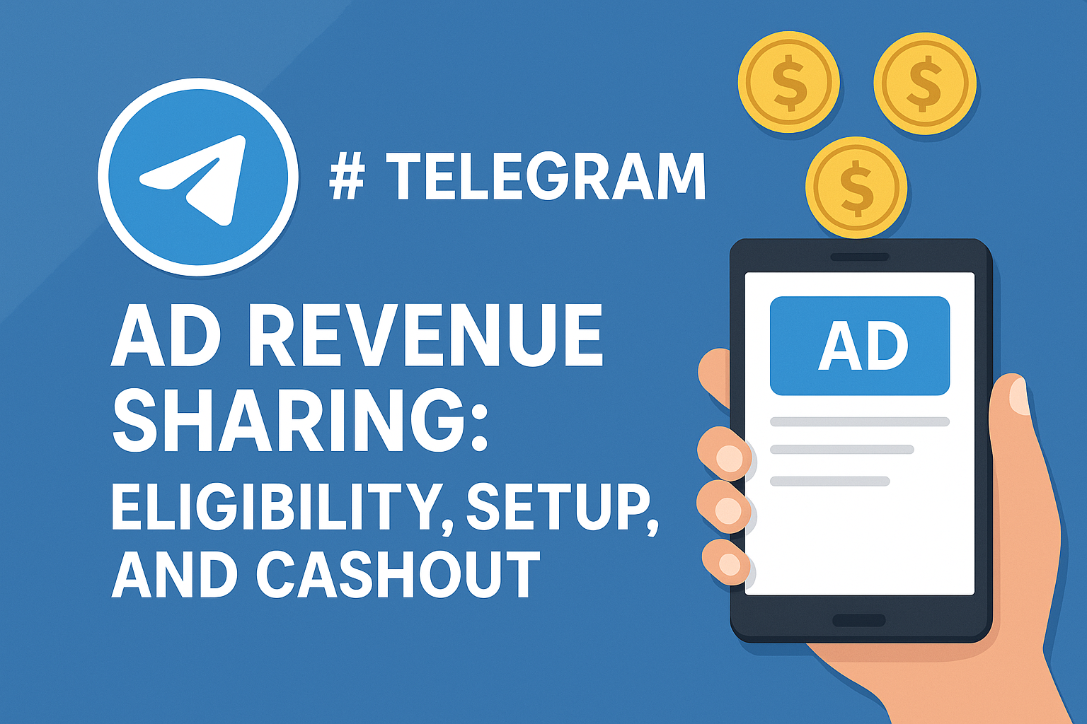 Visual guide for the article 'Telegram Ad Revenue Sharing: Eligibility, Setup, and Cashout' — illustrating Telegram’s monetization program with its 50% revenue split model, TON cryptocurrency payouts, and step-by-step setup for channel owners.