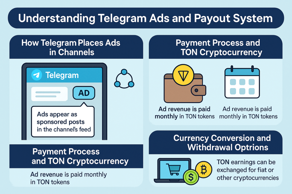 Infographic explaining how Telegram places ads in channels, processes ad revenue payments in TON cryptocurrency, and provides options for currency conversion and withdrawals.