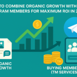Illustration showing how combining organic growth with buying Telegram members using TM services maximizes ROI in 2025, featuring growth charts and community icons.