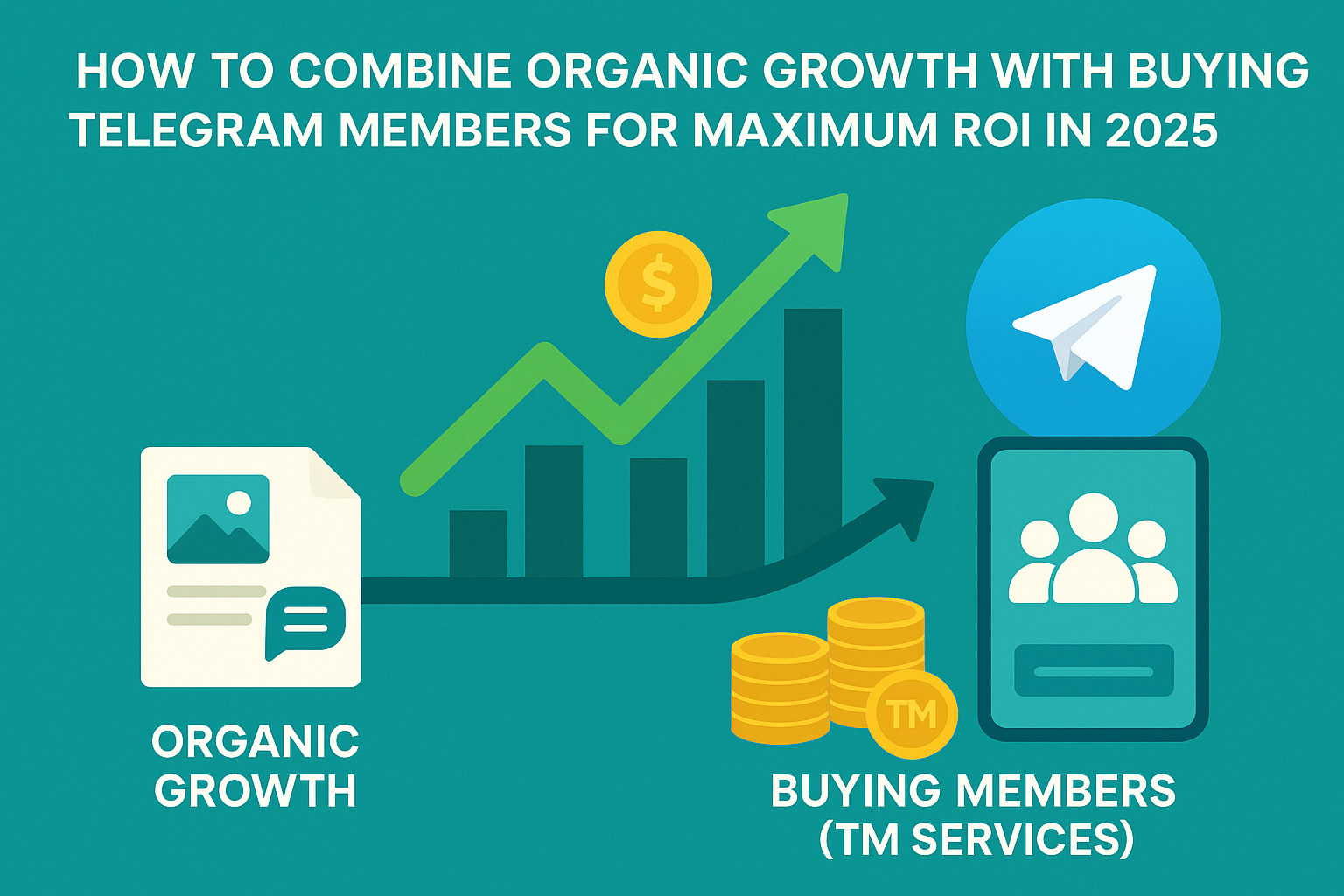 Illustration showing how combining organic growth with buying Telegram members using TM services maximizes ROI in 2025, featuring growth charts and community icons.