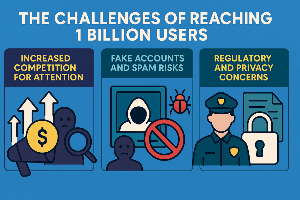 Infographic showing key challenges of Telegram reaching 1 billion users, including competition for attention, fake accounts and spam risks, and regulatory privacy concerns.