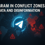 Creative image illustrating Telegram’s role in conflict zones, showing data flow, disinformation risks, and global crises impact in 2025.