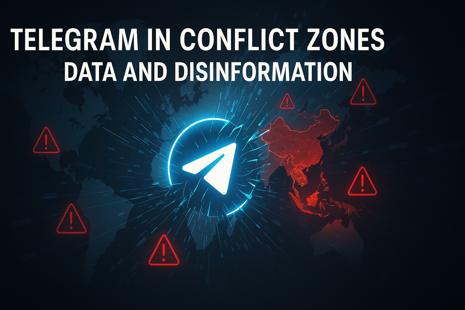 Creative image illustrating Telegram’s role in conflict zones, showing data flow, disinformation risks, and global crises impact in 2025.