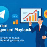 Creative cover illustration for the article "Telegram Engagement Playbook 2025," showing growth charts, Telegram logo, and engagement icons, symbolizing how to convert views into loyal, revenue-generating communities.
