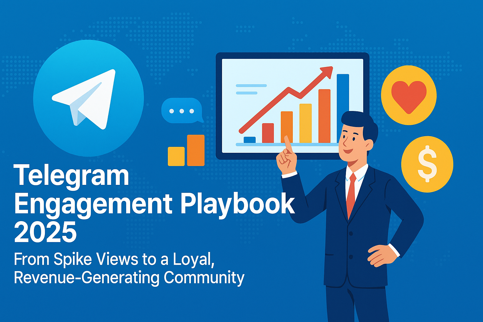 Creative cover illustration for the article "Telegram Engagement Playbook 2025," showing growth charts, Telegram logo, and engagement icons, symbolizing how to convert views into loyal, revenue-generating communities.