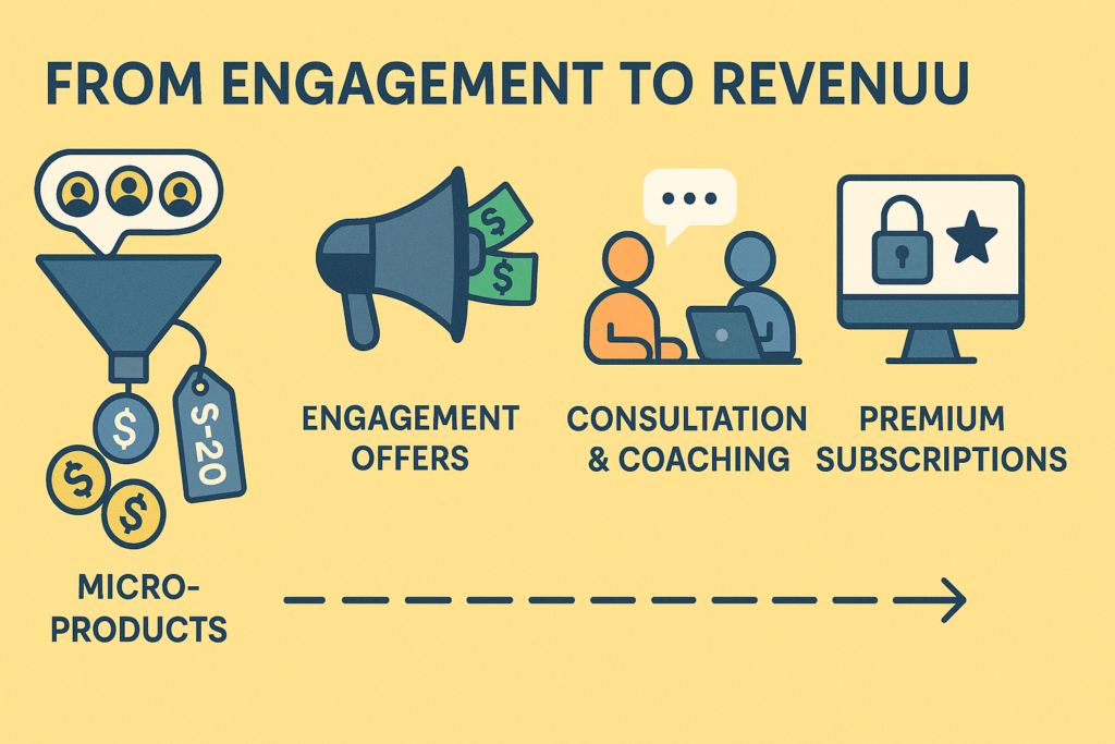 Infographic showing the steps from Telegram engagement to revenue: micro-products, engagement offers, consultation & coaching, and premium subscriptions.