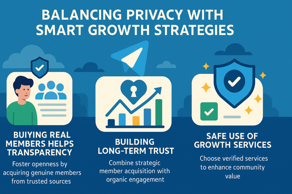 Infographic summarizing how Telegram channels in 2025 can balance privacy with smart growth strategies, including buying real members for transparency, building long-term trust, and using safe growth services.