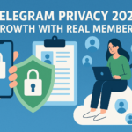 Creative illustration of Telegram privacy and transparency in 2025, showing secure communication, real members, and channel growth with trust.