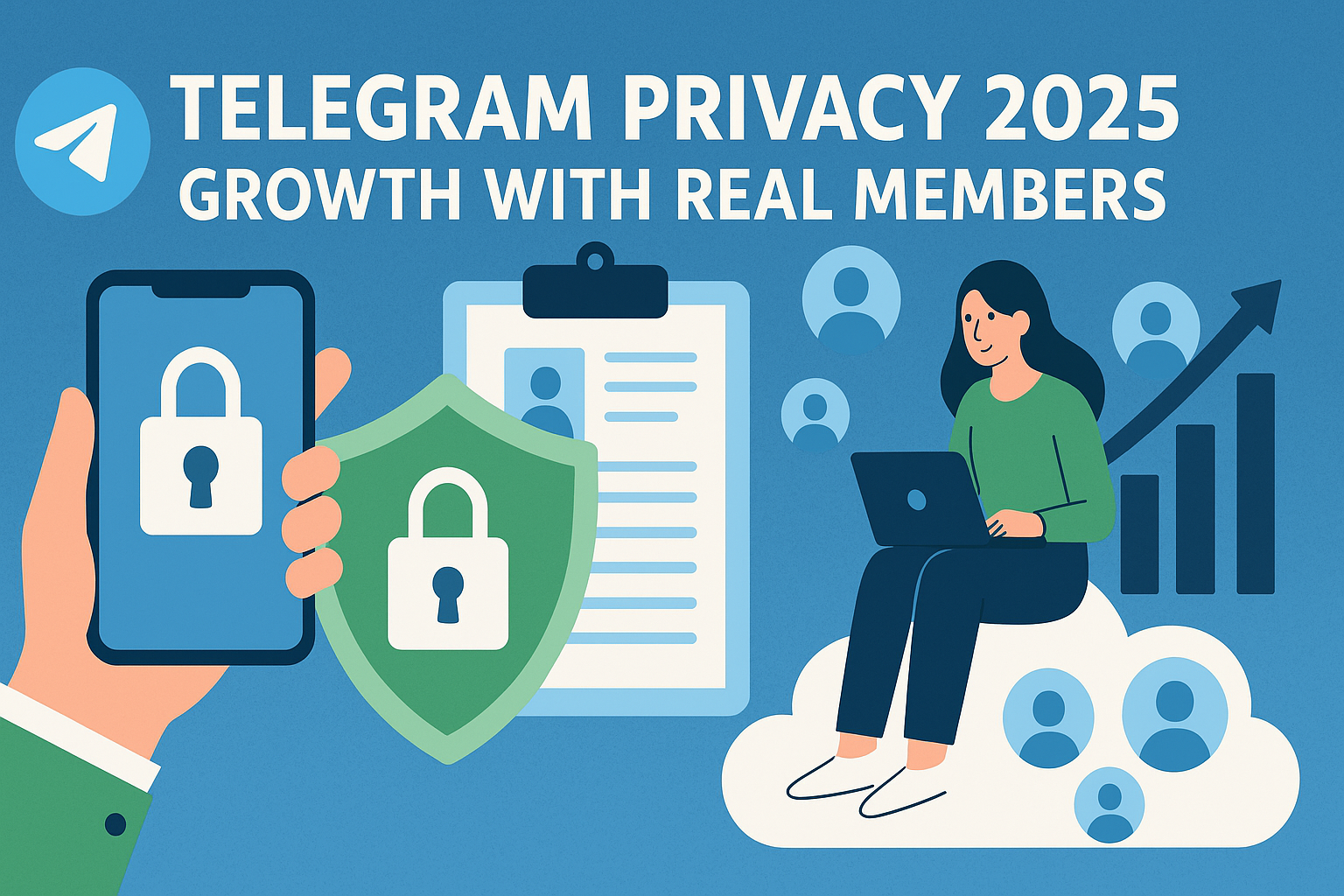 Creative illustration of Telegram privacy and transparency in 2025, showing secure communication, real members, and channel growth with trust.