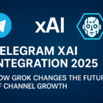 Creative graphic showing Telegram xAI integration with Grok AI in 2025, highlighting the future of channel growth and engagement.