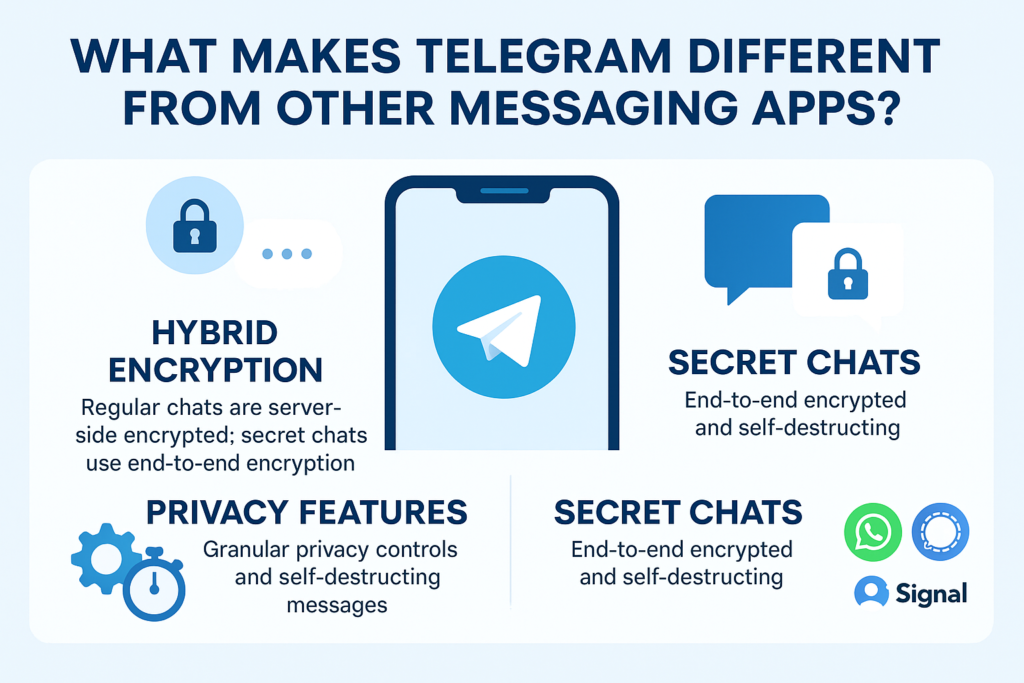 Infographic explaining what makes Telegram different from other messaging apps—highlighting hybrid encryption, secret chats, and advanced privacy controls that enhance user security and cross-device access.