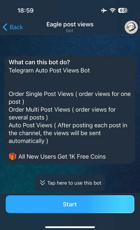 Click 'Start' to register with Eagleviewsbot and receive initial coins for buying Telegram Post Views.