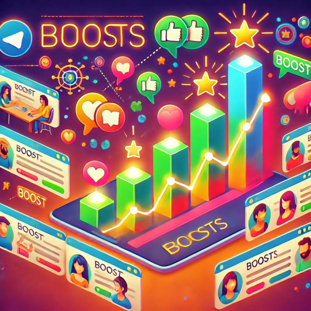 Illustration showing how boosts contribute to increased interaction in a Telegram channel, featuring active discussions, engagement symbols, and a rising graph representing enhanced communication and growth.