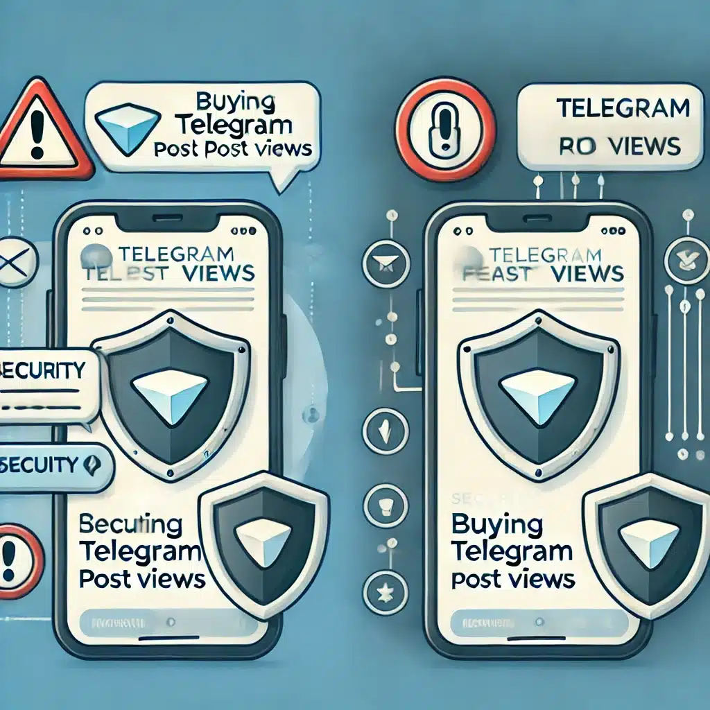 Illustration showing the security risks of buying fake Telegram post views, with warning signs for fake views and protection for real views.